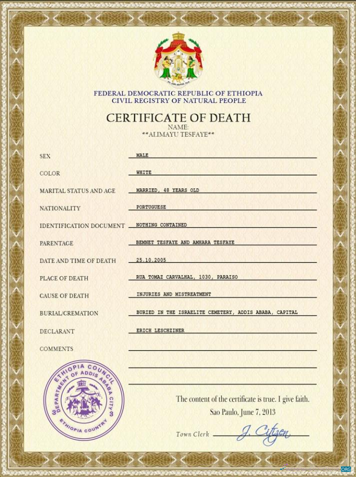 Download Ethiopia vital record death certificate PSD template Photoshop template